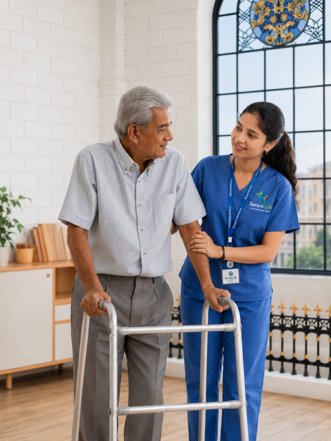 Attendant helping an elderly patient drink at home