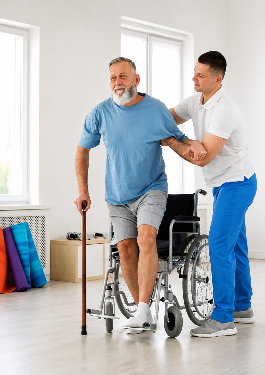 Physiotherapist helping a patient stand with a cane